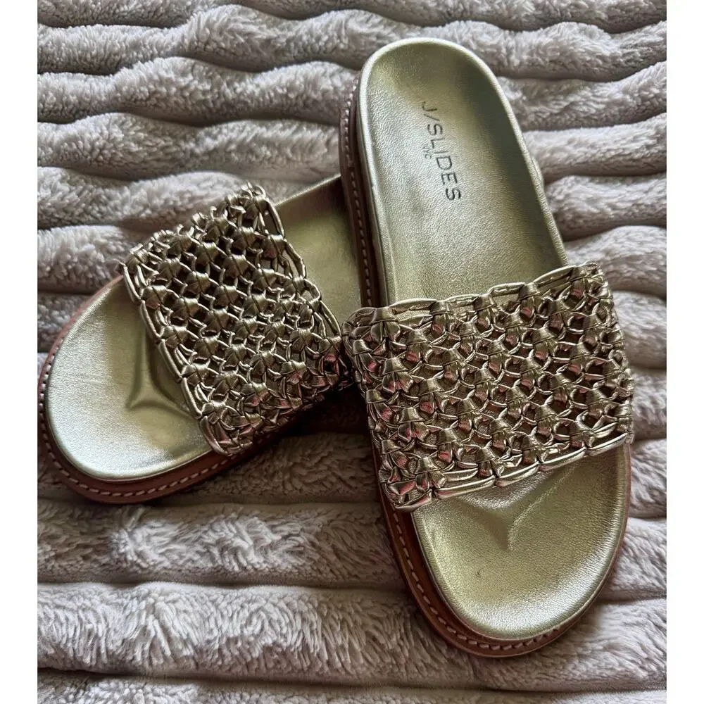 J/SLIDES NYC Robie Woven Metallic Gold Slides Women’s 9
